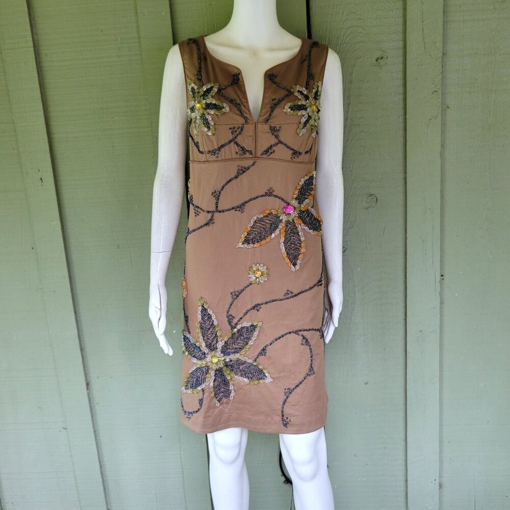 NWT ALMATRICHI Brown Floral Beaded Sheath Dress 40